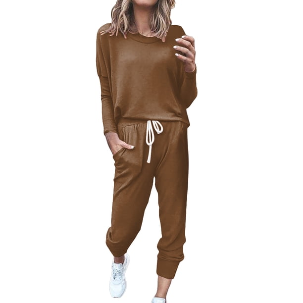 Conjunto de jogging de 2 piezas para mujer: camiseta de manga larga y pantalones de chándal con cordón. Conjunto informal de poliéster para todas las estaciones.