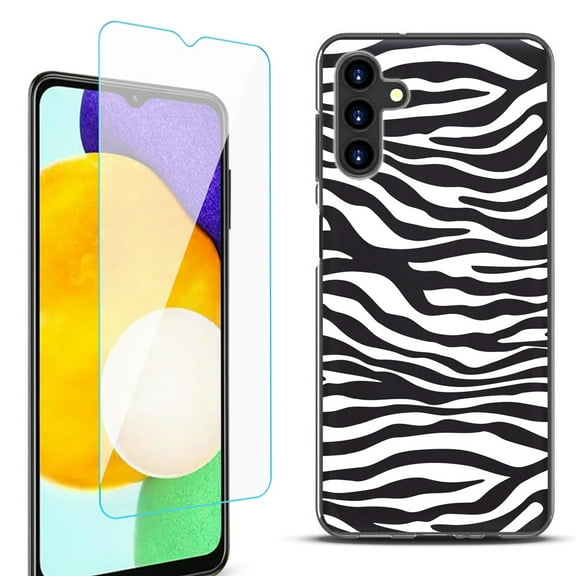 Slim-Fit Protective Fashion Phone Case (Black) for Samsung Galaxy A13 5G, with Tempered Glass Screen Protector, by OneToughShield ® - Zebra B/W