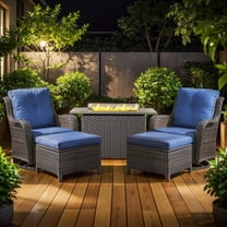 Gymojoy 5-Piece High Back Outdoor Wicker Conversation Set with Swivel Chairs, Ottoman & 50,000 BTU Fire Pit Table - Patio Furniture Set for Deck, Porch, Poolside