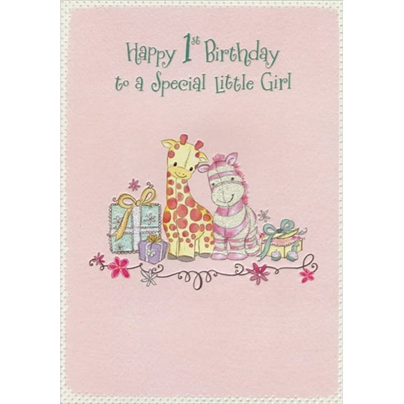 Designer Greetings Stuffed Giraffe and Zebra with Presents Age 1 / 1st Birthday Card for Girl
