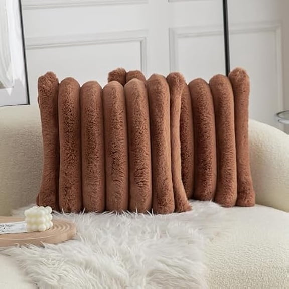 Eryueer Brown Faux Fur Cozy Soft Stripe Decorative Throw Pillow Covers 26x26 inch Set of 2,Velvet Pillowcase Cushion Case for Sofa Couch