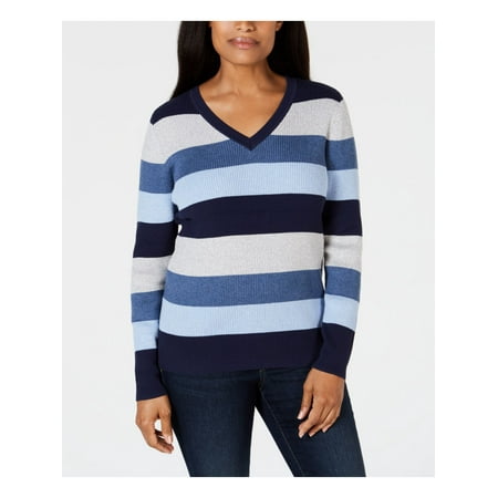 KAREN SCOTT Womens Blue Color Block Long Sleeve V Neck Sweater Petites PP