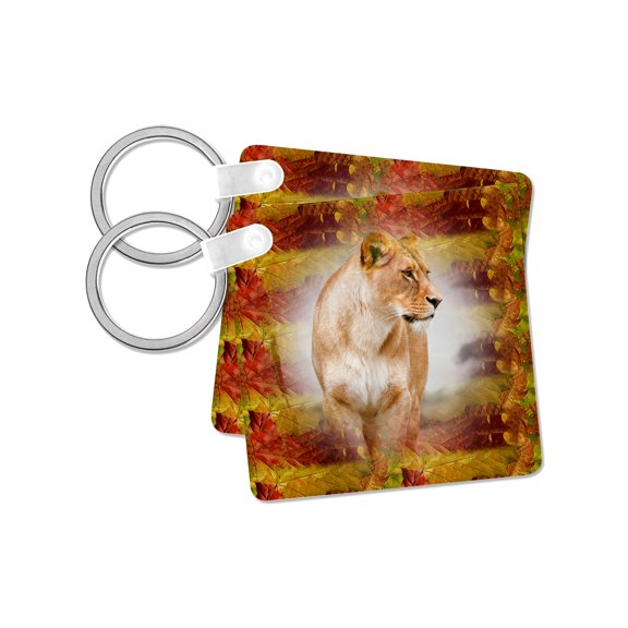 3dRose, Female lion with fall leaves background, set of 2 Key Chains