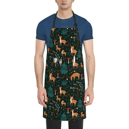 

Pofeuu Deers In The Forest Print Waterproof Apron with Pockets Adjustable Cooking Aprons Kitchen Bib for Baking Household Cleaning