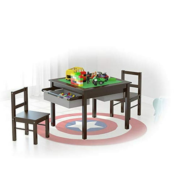 UTEX Wooden 2 In 1 Kids Construction Play Table and 2 Chairs set with Storage Drawers and Built In Broad, Espresso with Gray Drawer