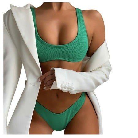 QLEICOM Womens Swimsuits Tummy Control Plus Size Swimsuit Coverup Plus Size Bikini Set Swimwear Push-Up Padded Solid Bra Swimsuit Beachwear Green M