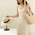 thumbnail image 2 of Juego de 2 piezas: Sombrero y bolso de mano con estampado de rayas, sombrero de paja de ala ancha, bolso de mano de ratán hecho a mano, sombrero de playa de verano, bolso de picnic., 2 of 8