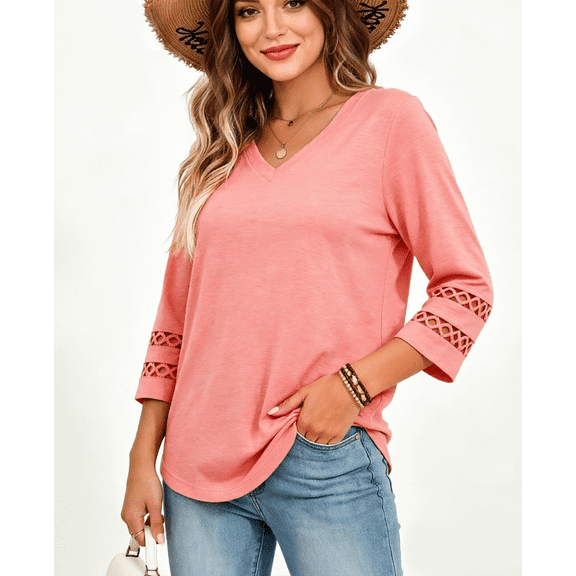 Womens Fall Tops 3/4 Sleeve Blouses for Women with Eyelet Casual Tees Ladies Loose Tops (Women's)