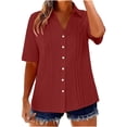 thumbnail image 2 of LEKWK Linen Button Down Shirt Women Collared Pleated Front Business Casual Tops Short Sleeve Dressy Tops Lapel Neck Smart Elegant Office Wear, 2 of 7