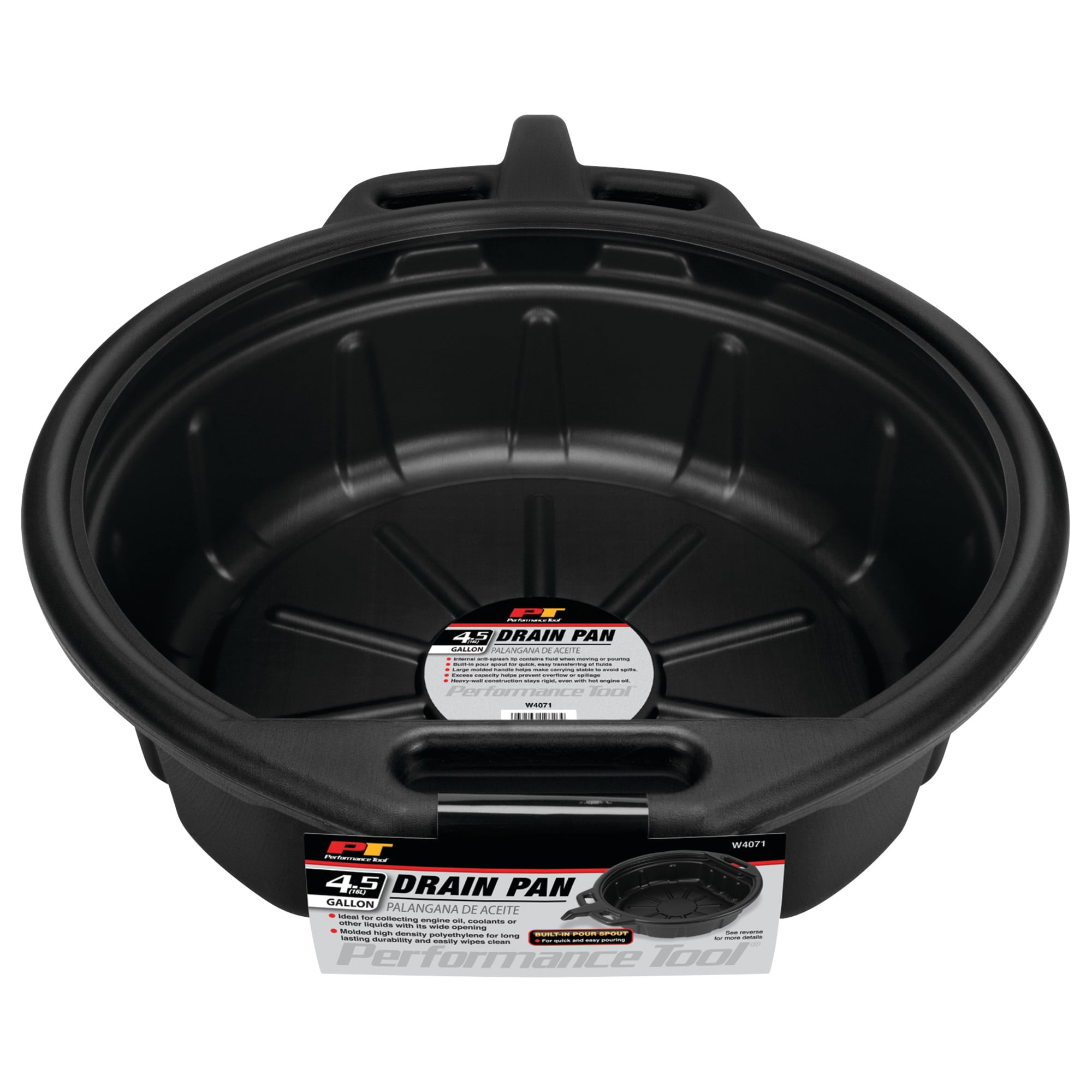 Performance Tool W4071 4.5 Gallon Oil Drain Pan, Carrying Handle, Easy-Pour Spout, High-Density Polyethylene, Black