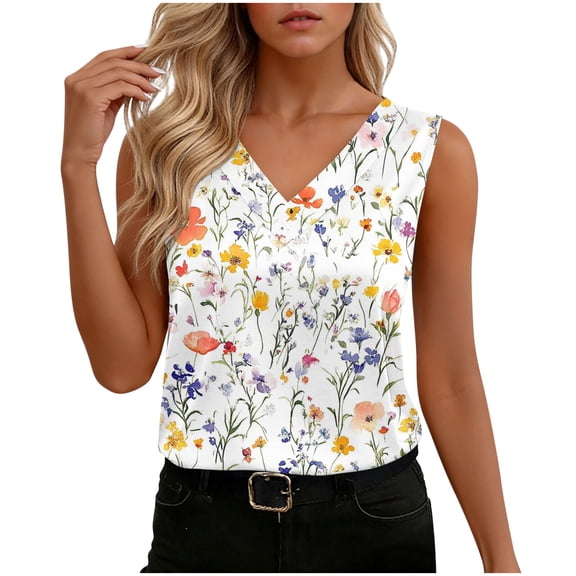 LEKWK Sleeveless Tops for Women Plus Size V-Neck Tank Tops Watercolor Leaf Graphic Tees Floral Summer Beach Wear