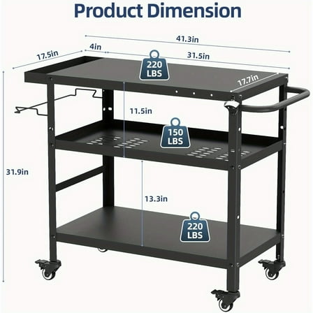 Outdoor Grill Cart, Pizza Oven Stand Table with Wheels for Outside Patio, Heavy Duty Movable Outdoor Cooking Prep Table BBQ Cart for Backyard, Camping and Parties