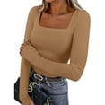 thumbnail image 3 of Otntypg Womens Long Sleeve Shirts Square Neck Tops Trendy Solid Color Ribbed Knit Basic Slim Fit Going Out Tops Fall Spring Outfits Fashion Clothes with Thumb Hole Khaki L, 3 of 10
