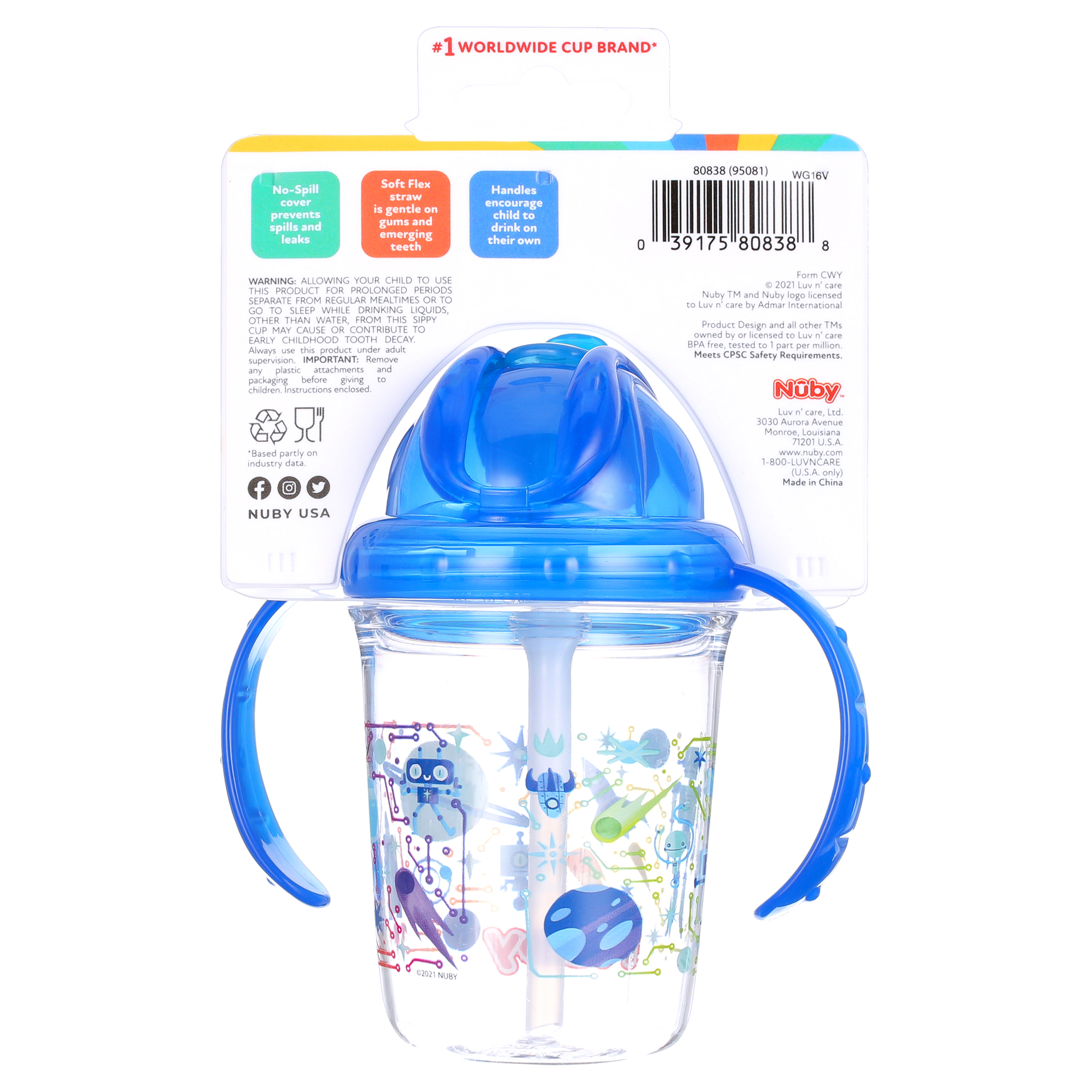 Nuby FlipNSip Silicone Straw Cup with Handles, Blue