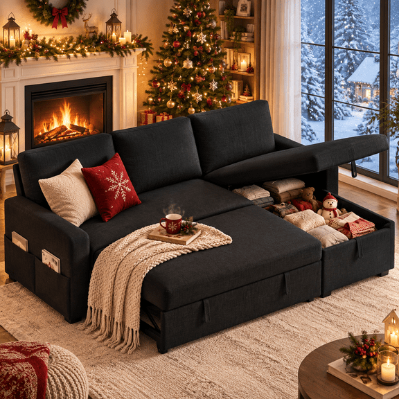 Lofka 80" L-Shaped Sleeper Sofa Bed, 3 Seat Pull-Out Couch with Reversible Chaise, Storage, Side Pockets, Black Linen Sectional Sofa