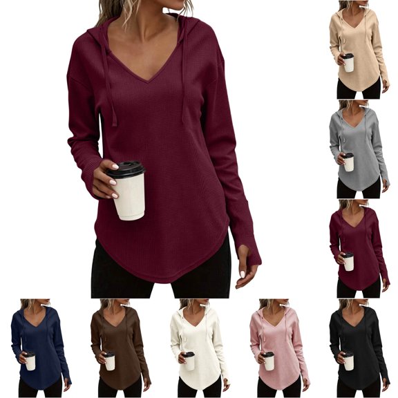 Nugftut Womens Hoodies Solid Color Waffle Knit Long Sleeve Sweatshirts V-Neck Hoodies with Drawstring Lightweight Casual Tops