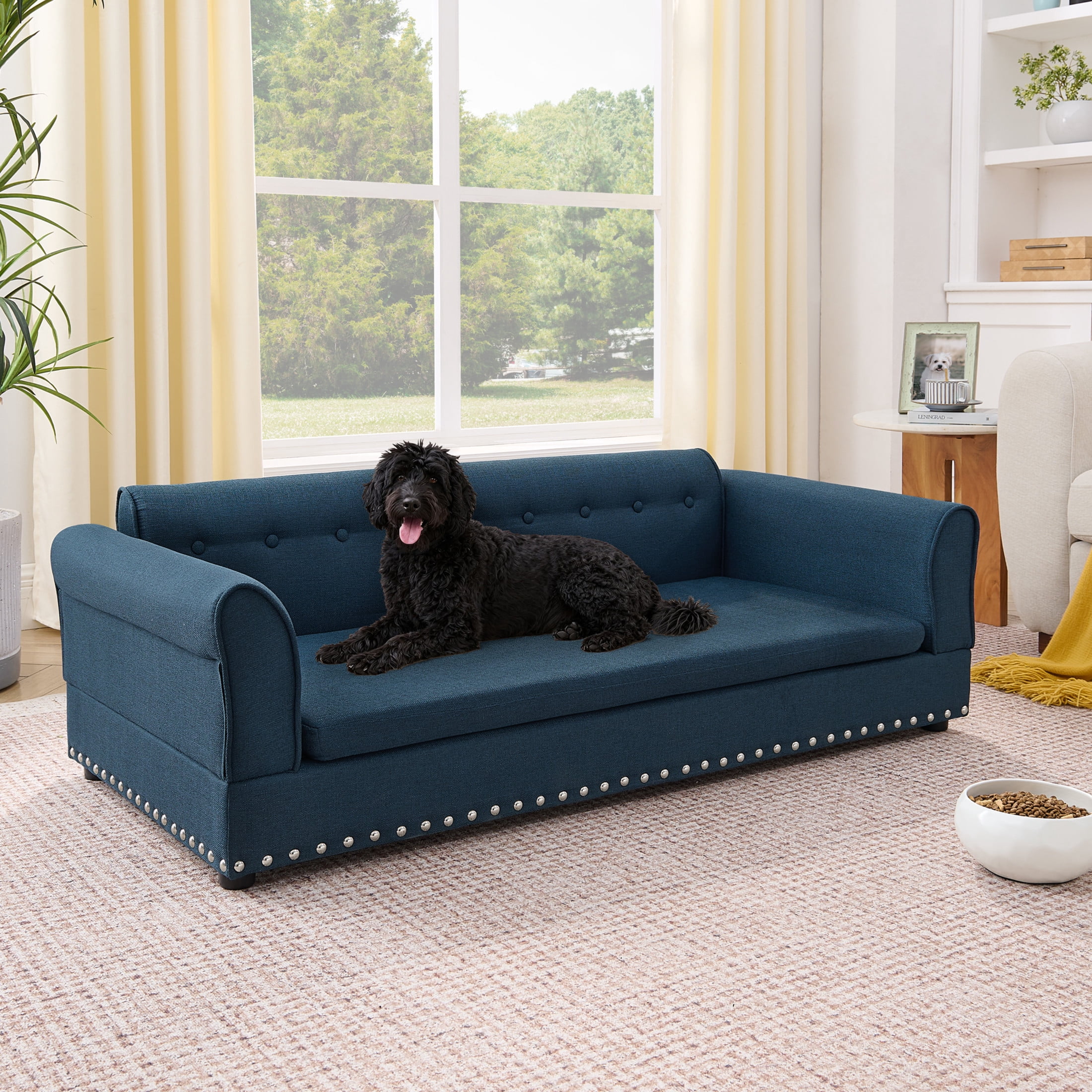 Noble House 55" Comfortable Elevated Pet Sofa, Elegant Oversized Linen Dog Bed with Support Armrests, Dark Blue