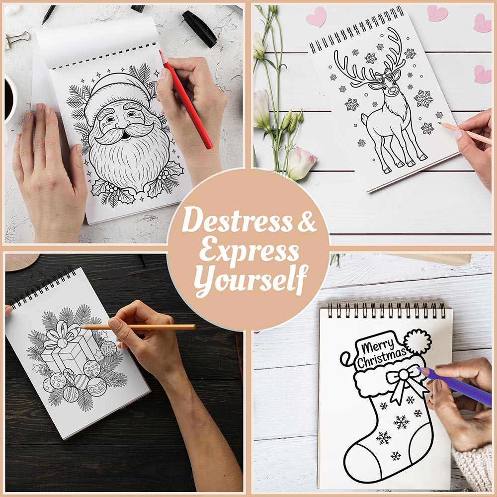 Netecom Large Print Christmas Coloring Book Spiral Bound for Adults, A5 Wooden Cover, 30 Elegant Coloring Pages of Cute Decorating the Christmas Tree for Stress Relief and Relaxation