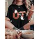 thumbnail image 1 of Camiseta informal de cuello redondo para mujer con estampado de fantasmas creativos con gorros de Papá Noel, diseño geométrico, tejido de punto de algodón, elasticidad media, corte cómodo para todo el, 1 of 6