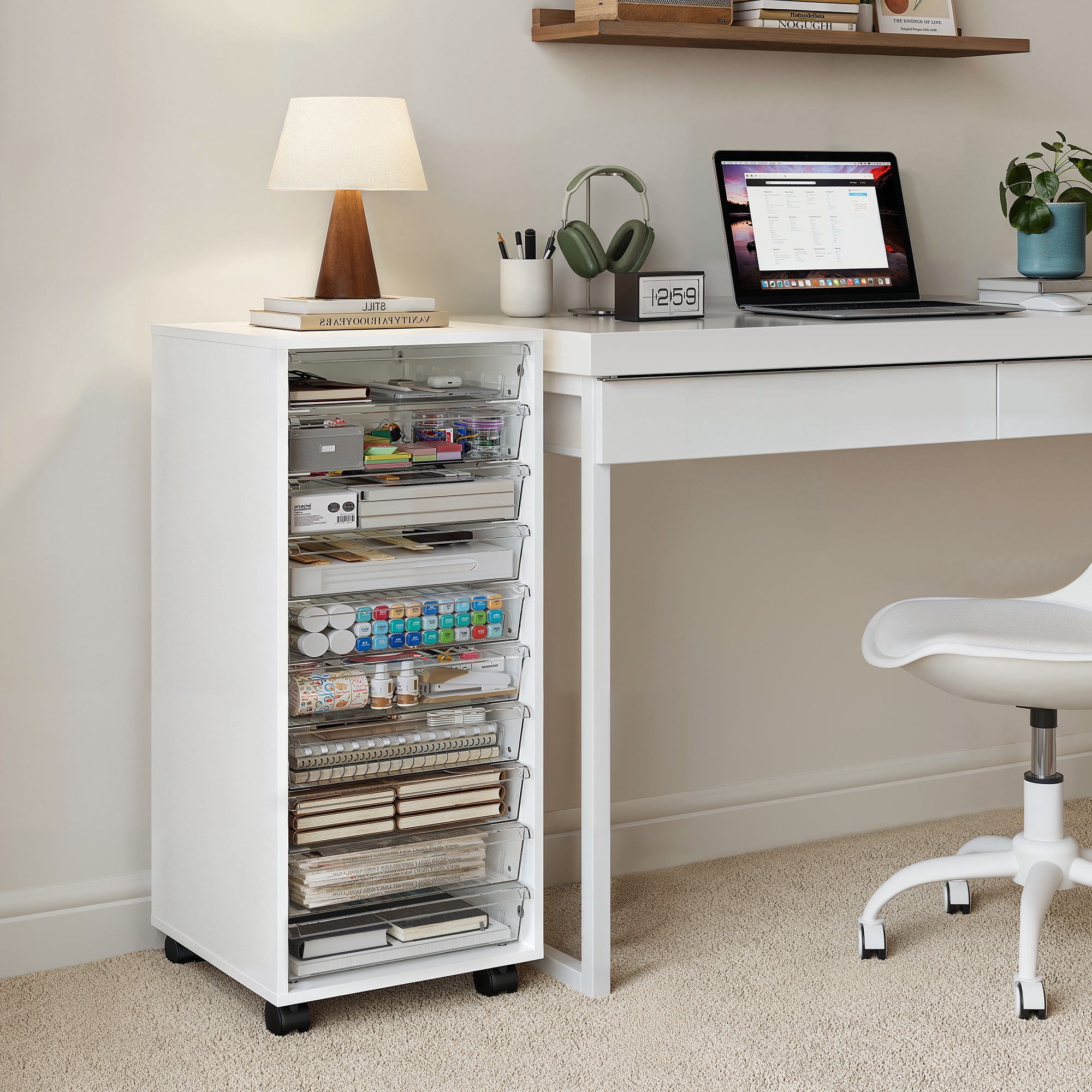 Wood  Storage Drawer Cart, Makeup Organizer and Storage with 10 Large Clear Drawers, White