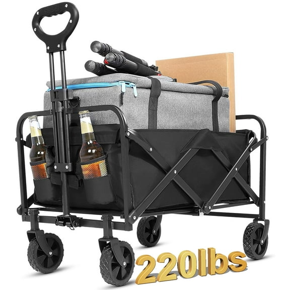 AENKYO Collapsible Folding Wagon, Heavy Duty Beach Cart, 220lb Weight Capacity for Sports and Camping