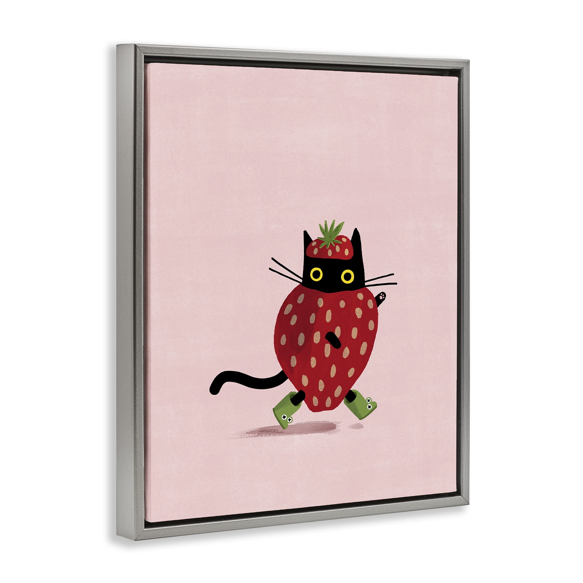 Stupell Industries Strawberry Cat on Pink Animals Painting Gray Floater Framed Canvas Art Print Wall Art, 25 x 31
