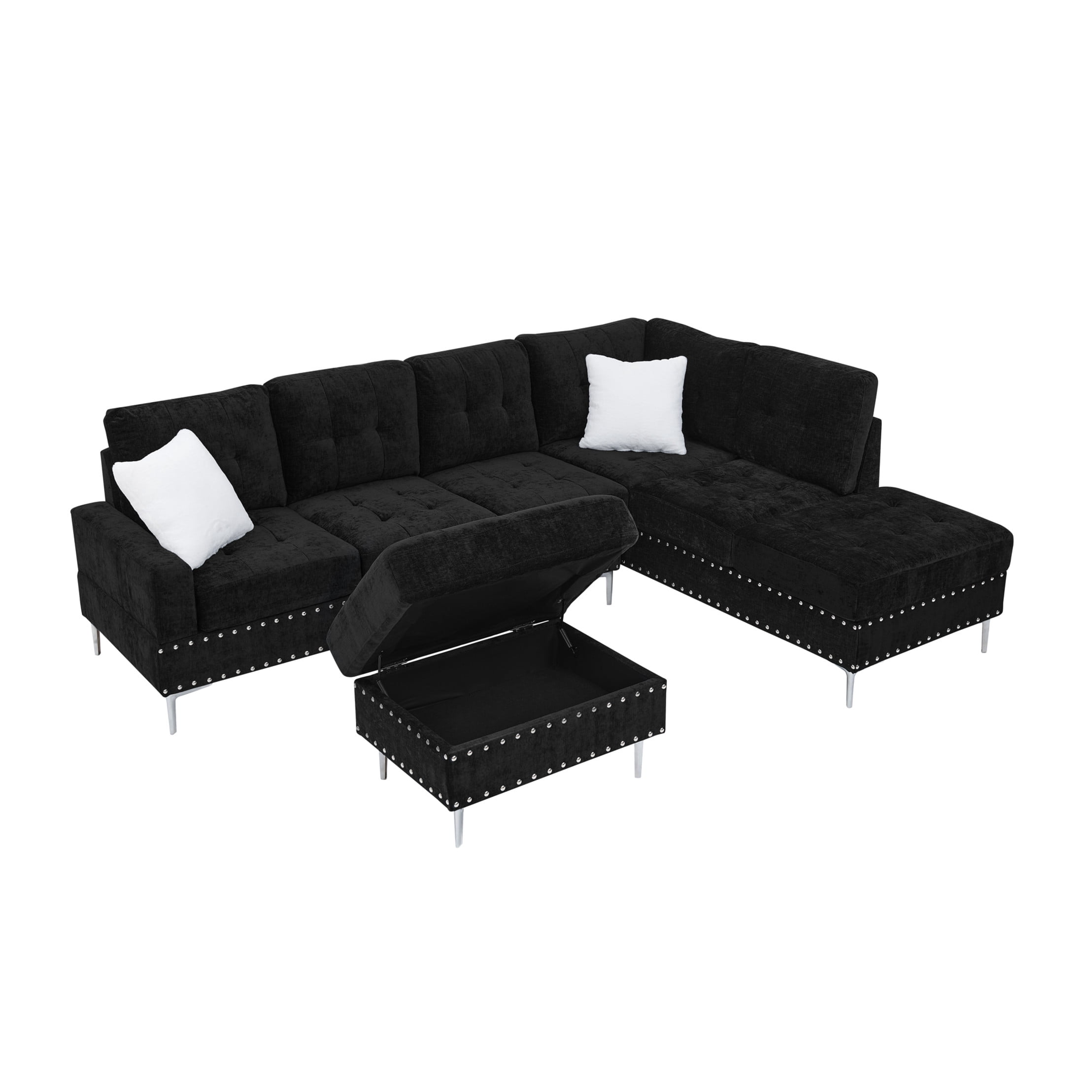 Noble House 102" L-Shaped Tufted Sectional Sofa, Chenille 3-Seater Couch with Storage Ottoman and White Pillows, Black