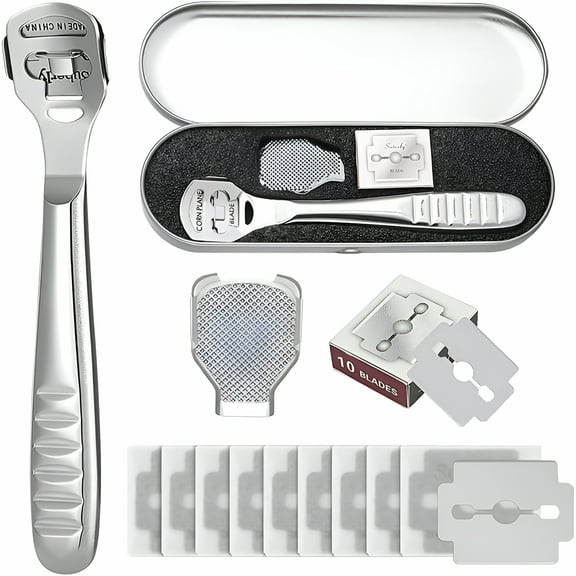RAGUPEL Foot Scraper Callus Shaver-Stainless Steel Foot File Hard Skin Remover Blade-Professional Pedicure Foot Rasp Kit for Feet Hand Foot Care Tools with 10 Replacement Blades Silver,13 Piece Set