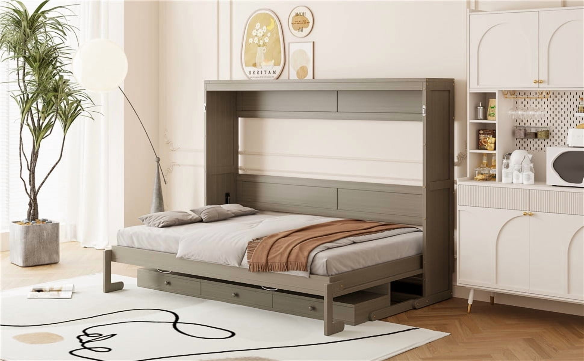 Mintazer Queen Murphy Bed with Vanity Desk, Modern Foldable Wall Bed with Center Mirror for Bedroom Apartment Guest Room, Distressed Gray
