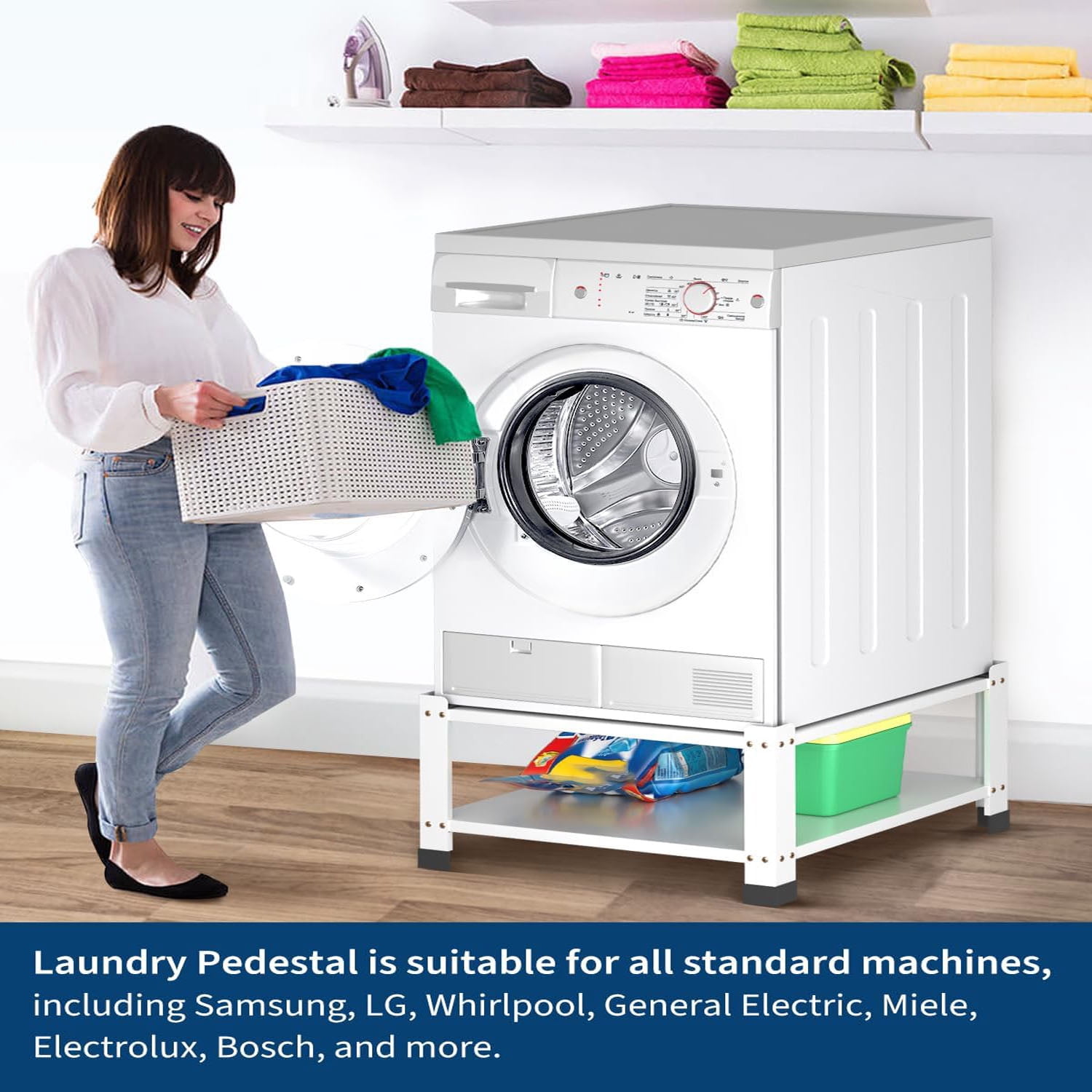 Gaderth Washer Dryer Pedestal With Storage Shelf, Washer and Dryer Pedestals 28.3 x 28.3 x 14 in, Washing Machine Pedestals Stand 800 lb Capacity Carbon Steel Laundry Pedestals, White