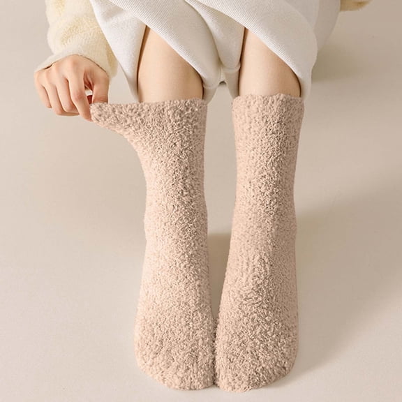 BLTIBY Mid Calf Socks for Women Thigh High Cozy Thermal Coral Sock Warm Winter Cotton Knit Stockings Khaki Free Size