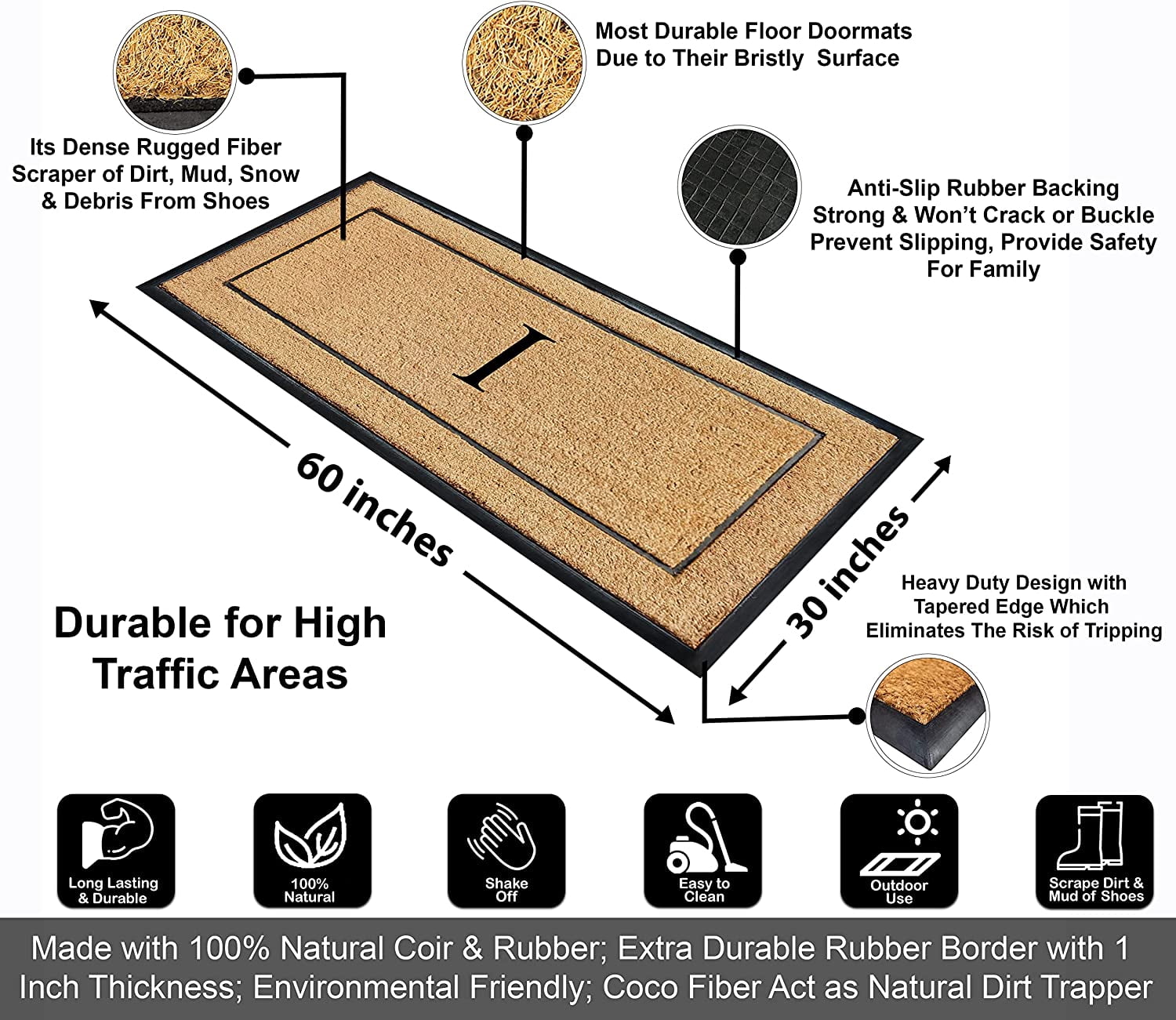 A1HC Natural Coir & Rubber Monogrammed Door Mat, 30x60 in, Thick Durable Heavy-Duty Entrance Mat with Thin Profile for Front Door
