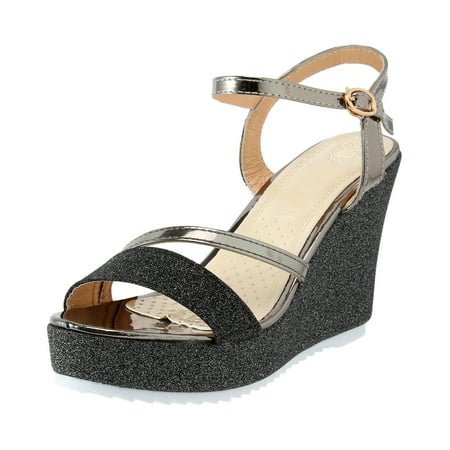 

Sandals Women Gladiator Solid Color Leather Platform Open Toe Buckle Wedge Shoes