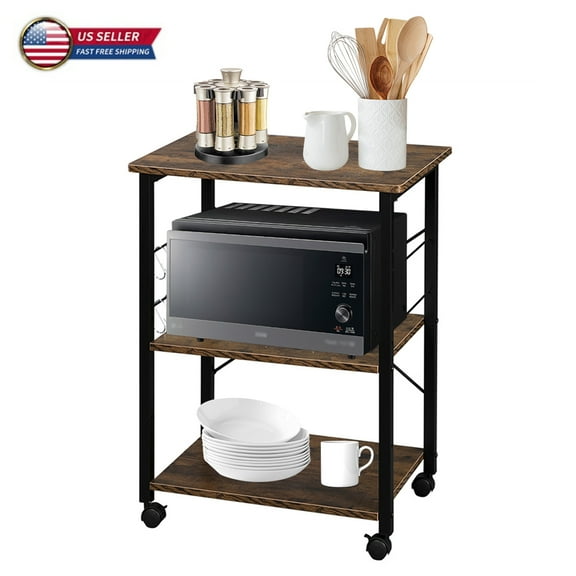 Hassch Baker's Rack 3-Tier Kitchen Utility Microwave Oven Stand Storage Cart Workstation Shelf, Black