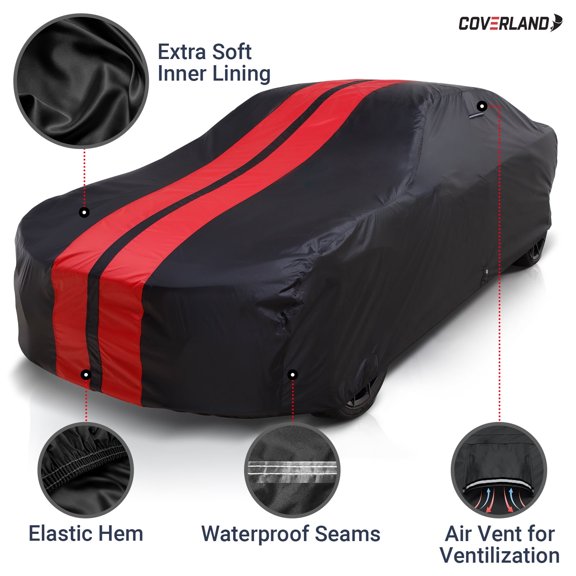 iCarCover Waterproof All Weather Premium Plus Car Cover (200" - 204" L), Stripe - Black & Red