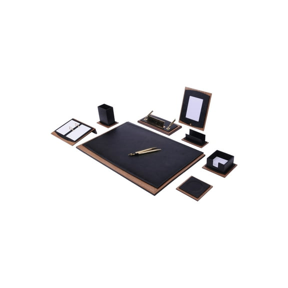 Star Lux Leather Desk Organizer Set Walnut Wood Combination Best Gift For Lawyers, Managers and Bosses 10 PCS