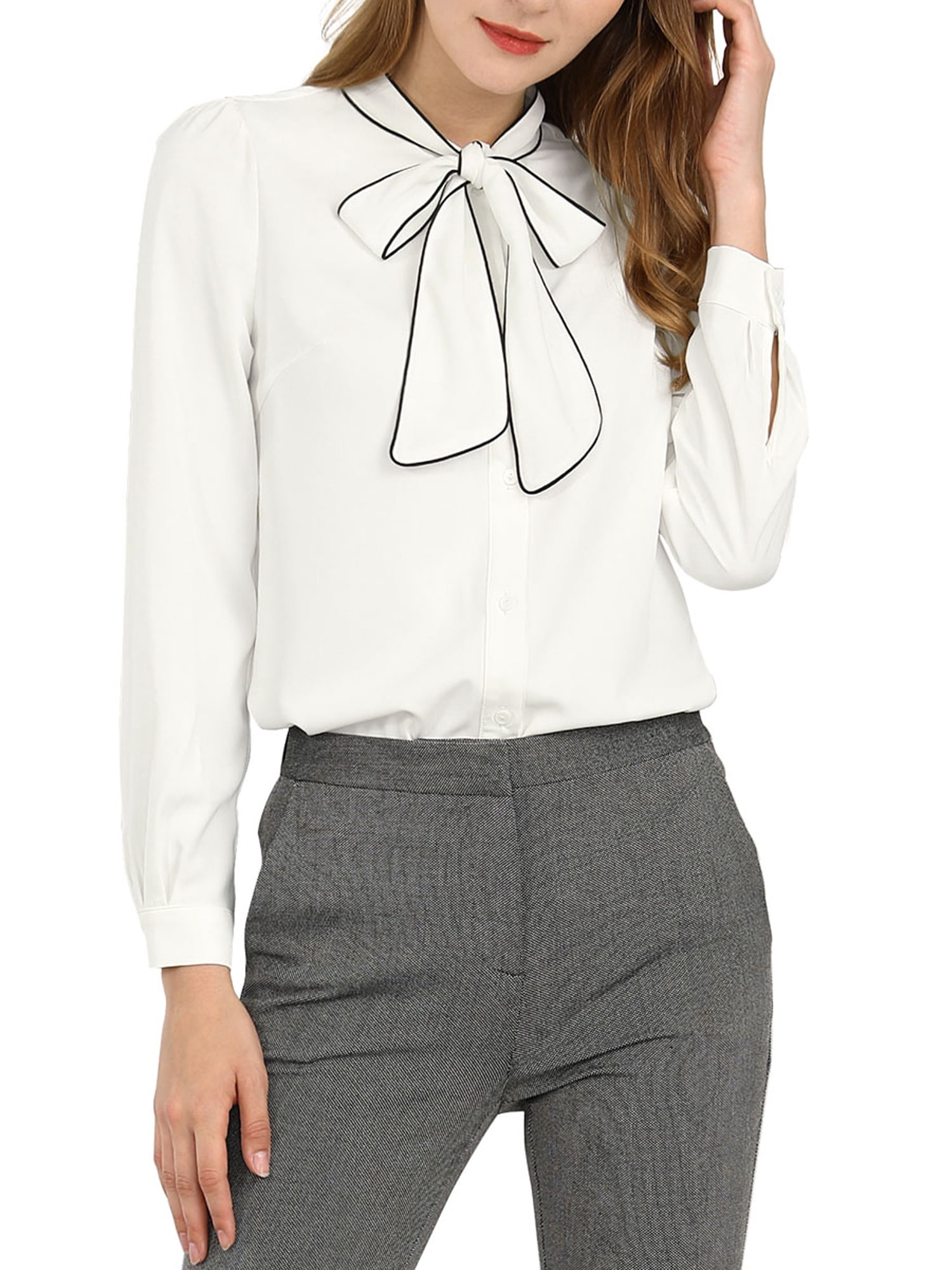 DARING DIVA Women's Contrast Color Button Down Long Sleeve Tie Neck Shirt L White