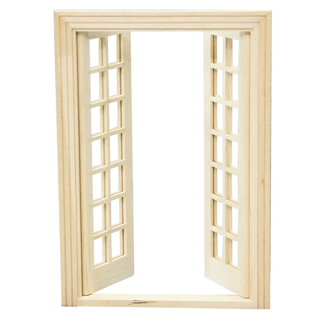 Ventana de casa de muñecas en miniatura de madera con doble puerta, diseño de 28 rejillas