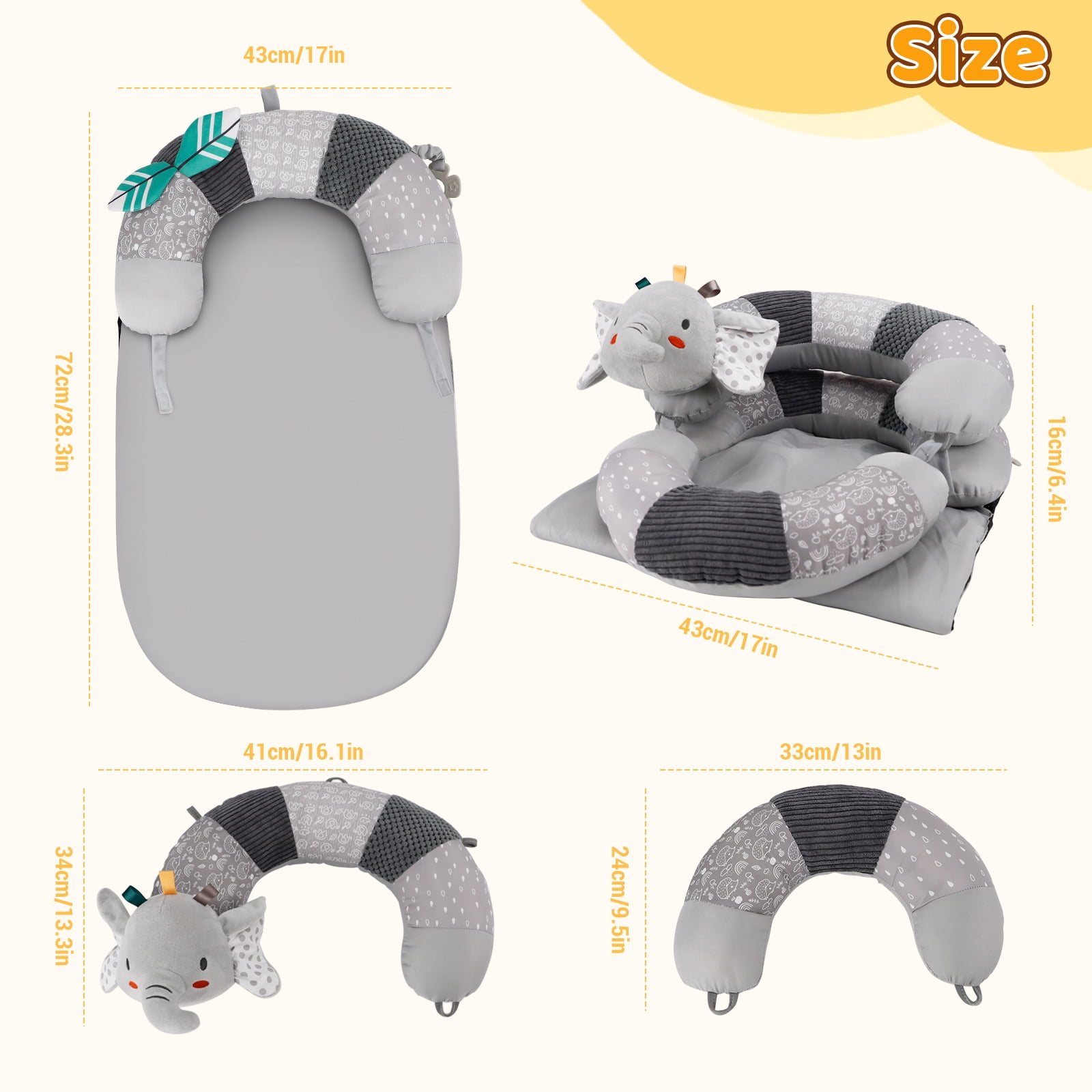 Blublu Park 3-in-1 Baby Sit Me Up Floor Seat, Detachable Pillow Tummy Time Mat Anti-Reflux Lounger, Grey