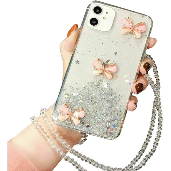 Case for iPhone 12, For Apple iPhone 12 White Smart Shockproof Glitter Crystal butterfly Wrist Strap Cover Case