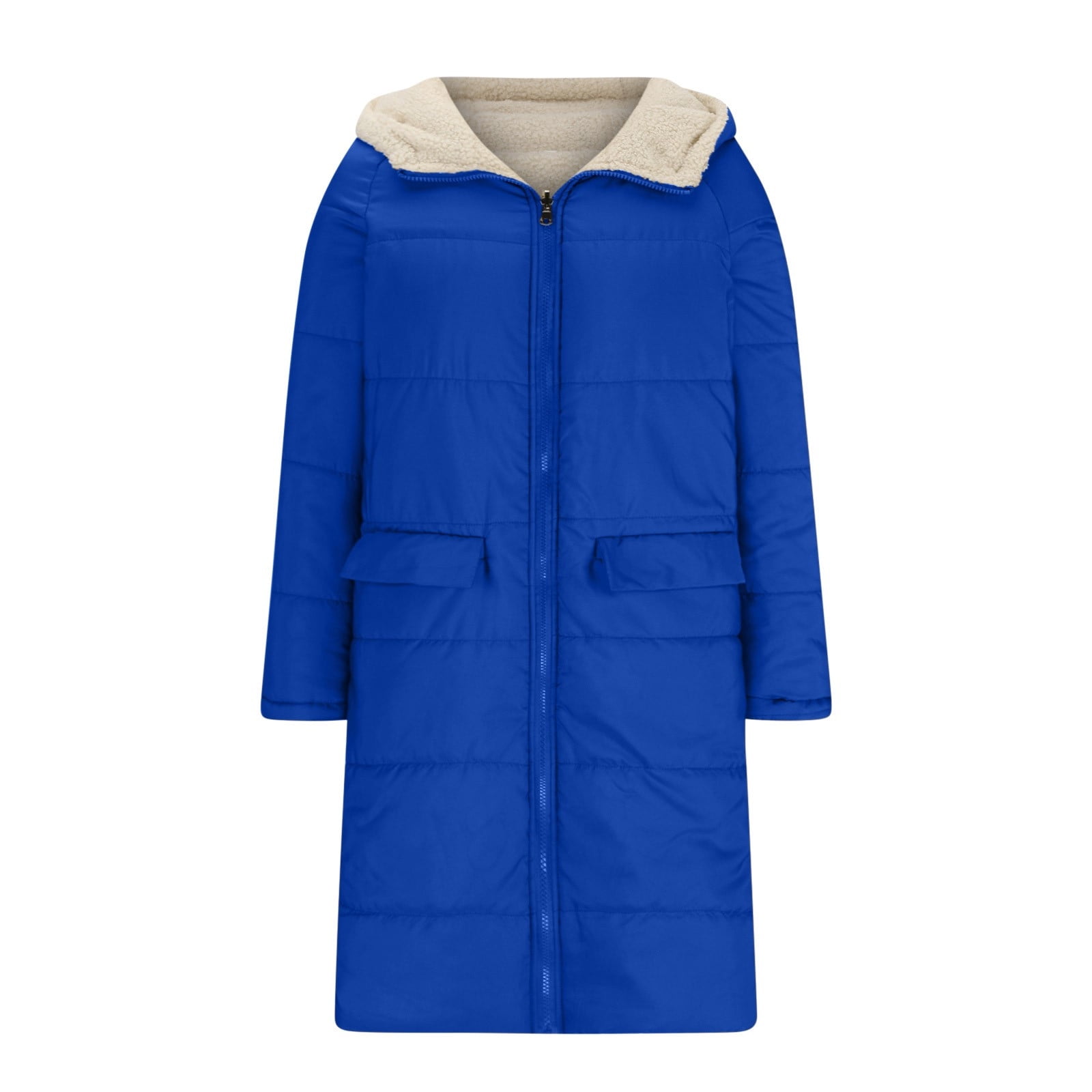 BiZtdJrK Women's Oversized Long Coat Plush Lining Reversible Zipper Puffer Jackets Long Sleeve Hooded Down Outerwear with Pocket 2025 Fall Winter Warm Clothes Blue L