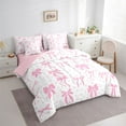 thumbnail image 3 of jejeloiu Ribbon Bowknot Print 7pcs Bedding Comforter Set,Pink Bow Pattern Queen Bedding Sets For Kids Reversible, 3 of 8
