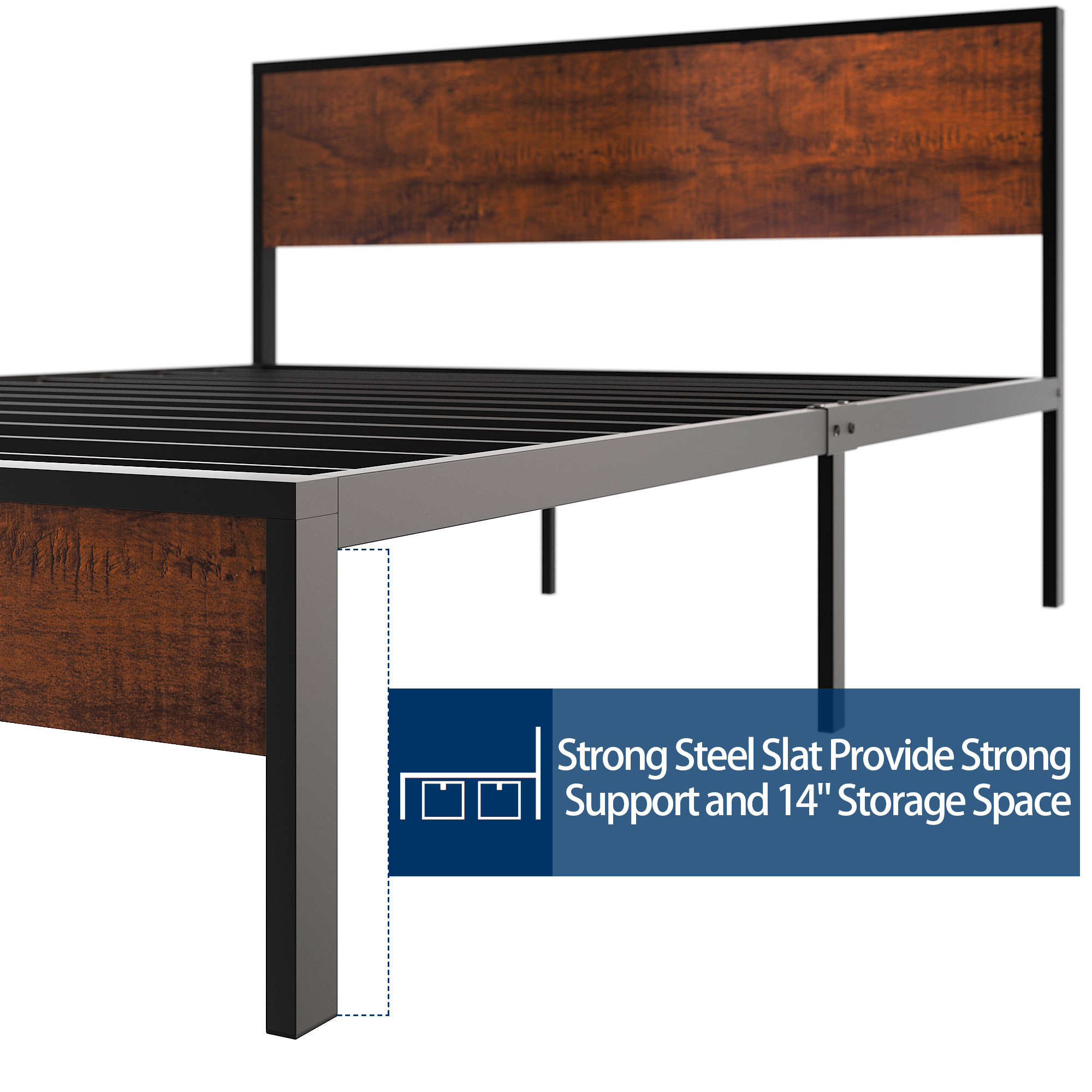 Yoneston Full Metal Bed Frame with Wood Headboard Strong Slat Support