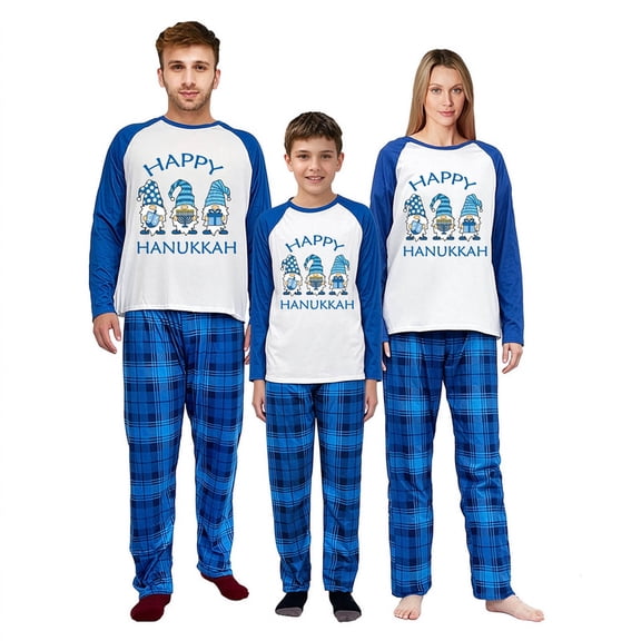 LuLiaMenton Matching Family Hanukkah Pajamas, Happy Hanukkah Gnomes Long Sleeve Blue Plaid Pants
