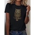 thumbnail image 1 of Owl Print Crew Neck T-shirt, Casual Short Sleeve Top For Spring & Summer, Women's Clothing Tee For Adult, Men, Women, Teen, Teenager, Adolescent, Youth., 1 of 5