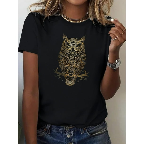 Owl Print Crew Neck T-shirt, Casual Short Sleeve Top For Spring & Summer, Women's Clothing Tee For Adult, Men, Women, Teen, Teenager, Adolescent, Youth.