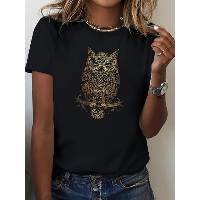 Owl Print Crew Neck T-shirt, Casual Short Sleeve Top For Spring & Summer, Women's Clothing Tee For Adult, Men, Women, Teen, Teenager, Adolescent, Youth.