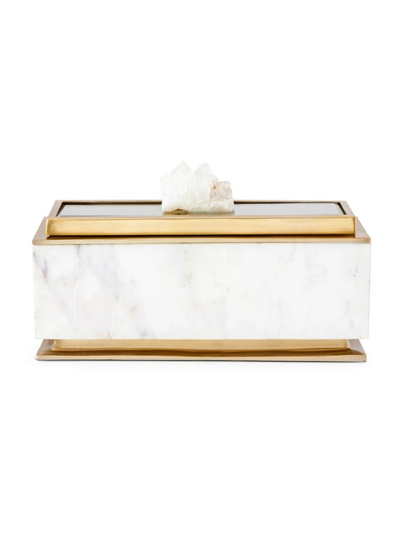 A&B Home Marble Decorative Box with Metal Accents and Gemstone - 14" x 4.5" x 6" - White/Gold