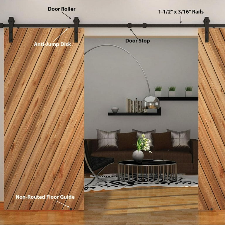 78 in. Black Solid Steel Rolling Barn Door Hardware Kit for Single Wood Doors with Non-Routed Adjustable Floor Guides 78 in. Black Solid Steel Rolling Barn Door Hardware Kit for Single Wood Doors with Non-Routed Adjustable Floor Guides