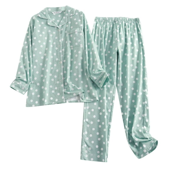 felwors Women's Cotton Flannel Pajama Set Cute Printed Long Sleeve Button Down Shirt Sleepwear Cute Pj Set Green, M